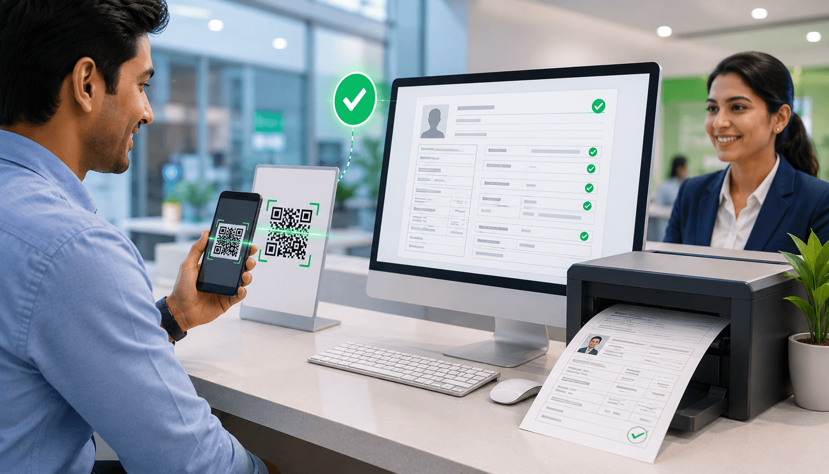 A customer scanning the office QR code while a screen auto-fills the bank KYC form and a printer produces the completed, print-ready document.